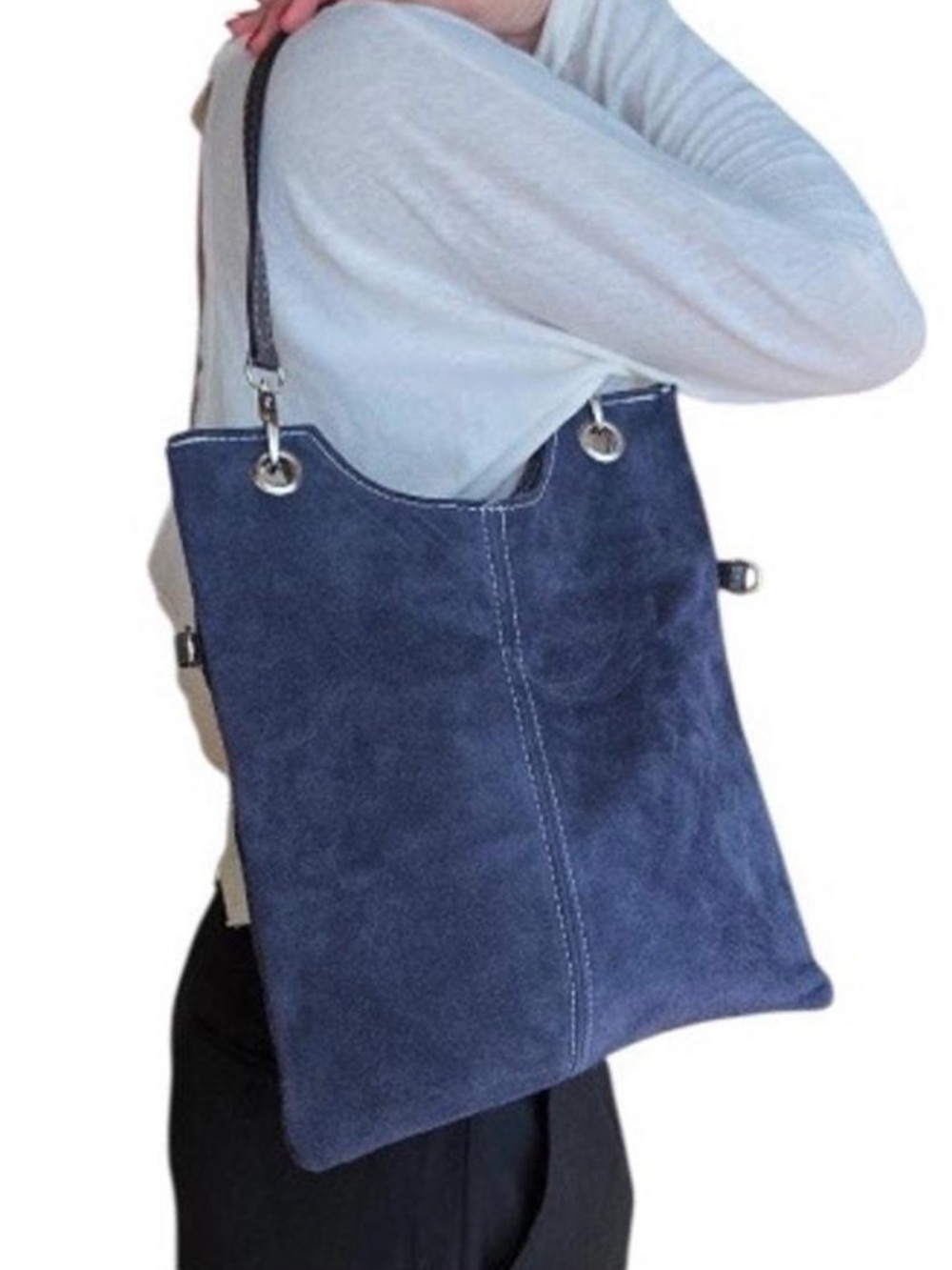 Suede Shoulder Tote Bag in Navy Blue - Unbranded